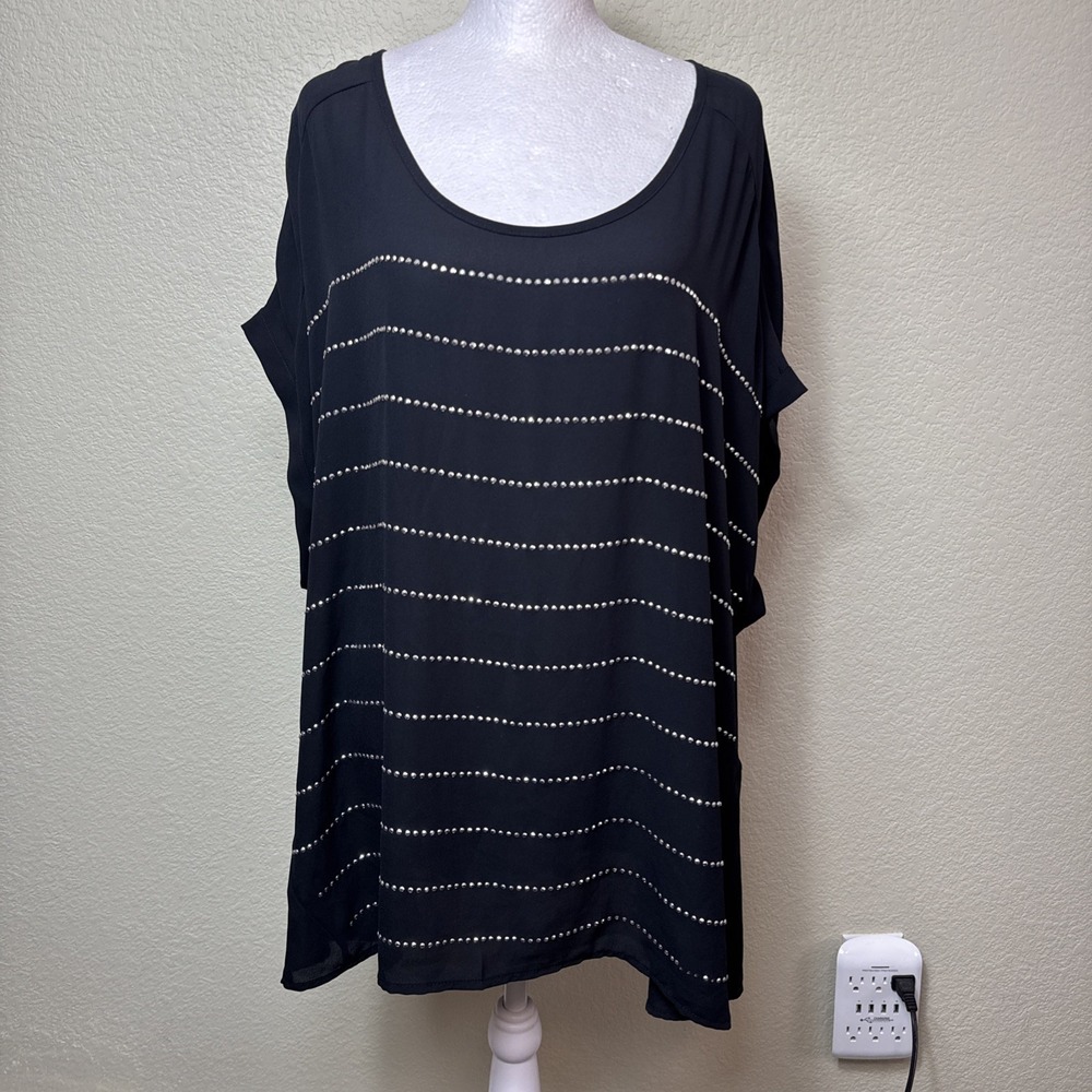 Lane Bryant 22/24 Black Studded Striped Blouse Sheer Poncho Short Sleeve Tunic